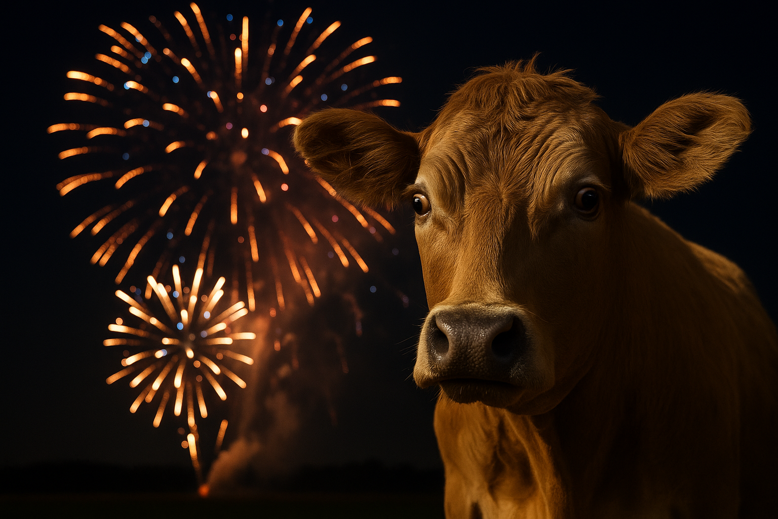 Ohňostroje pod dohledem Vystresovaná kráva pod nočním ohňostrojem